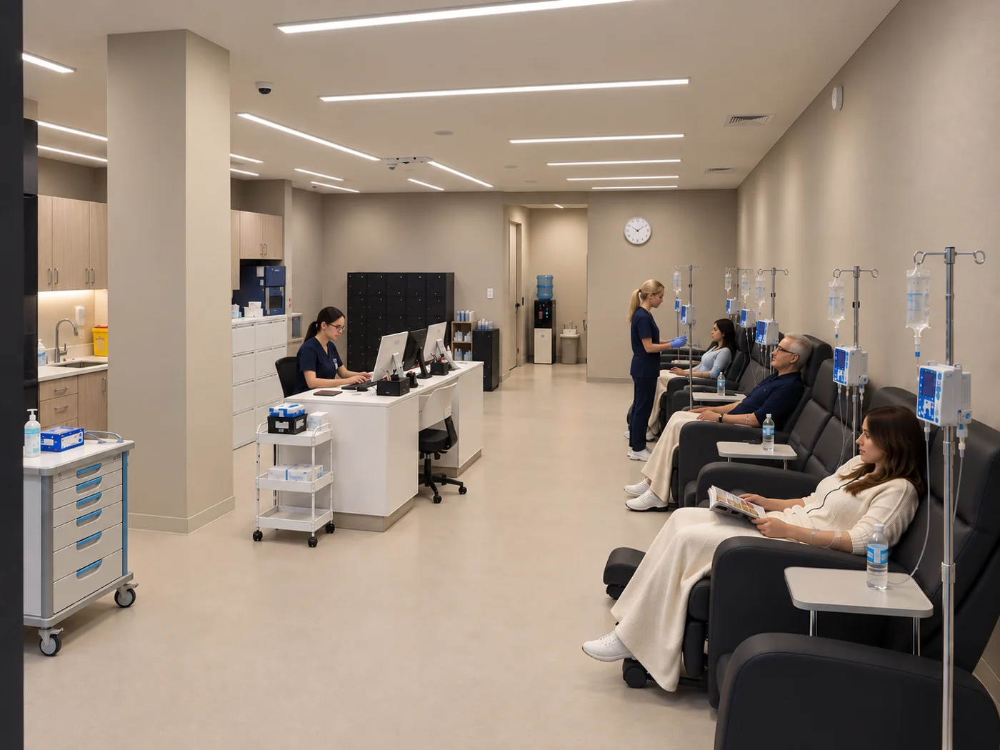 Salle de perfusion avec des fauteuils de traitement, des patients et du personnel infirmier.